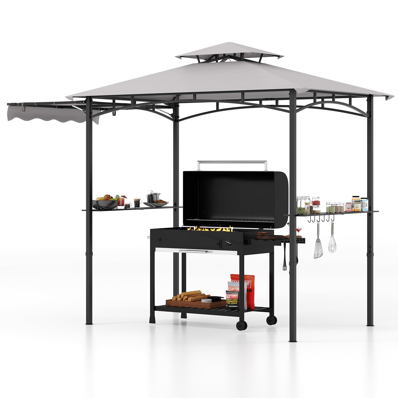 Tangkula 10.5x5 FT Grill Gazebo with Side Awning, 2-Tier Barbecue Gazebo with 2 Shelves, 12 Hanging Hooks